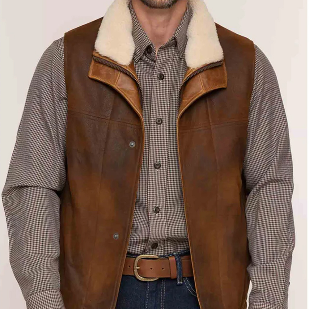 Brown Leather Warm Vest Removable Shearling Collar