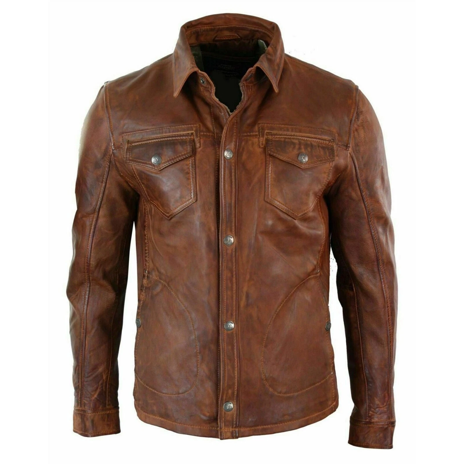 Men's Tan Timber Washed Slim Fit Shirt Jacket Retro Smart Casual Real Leather