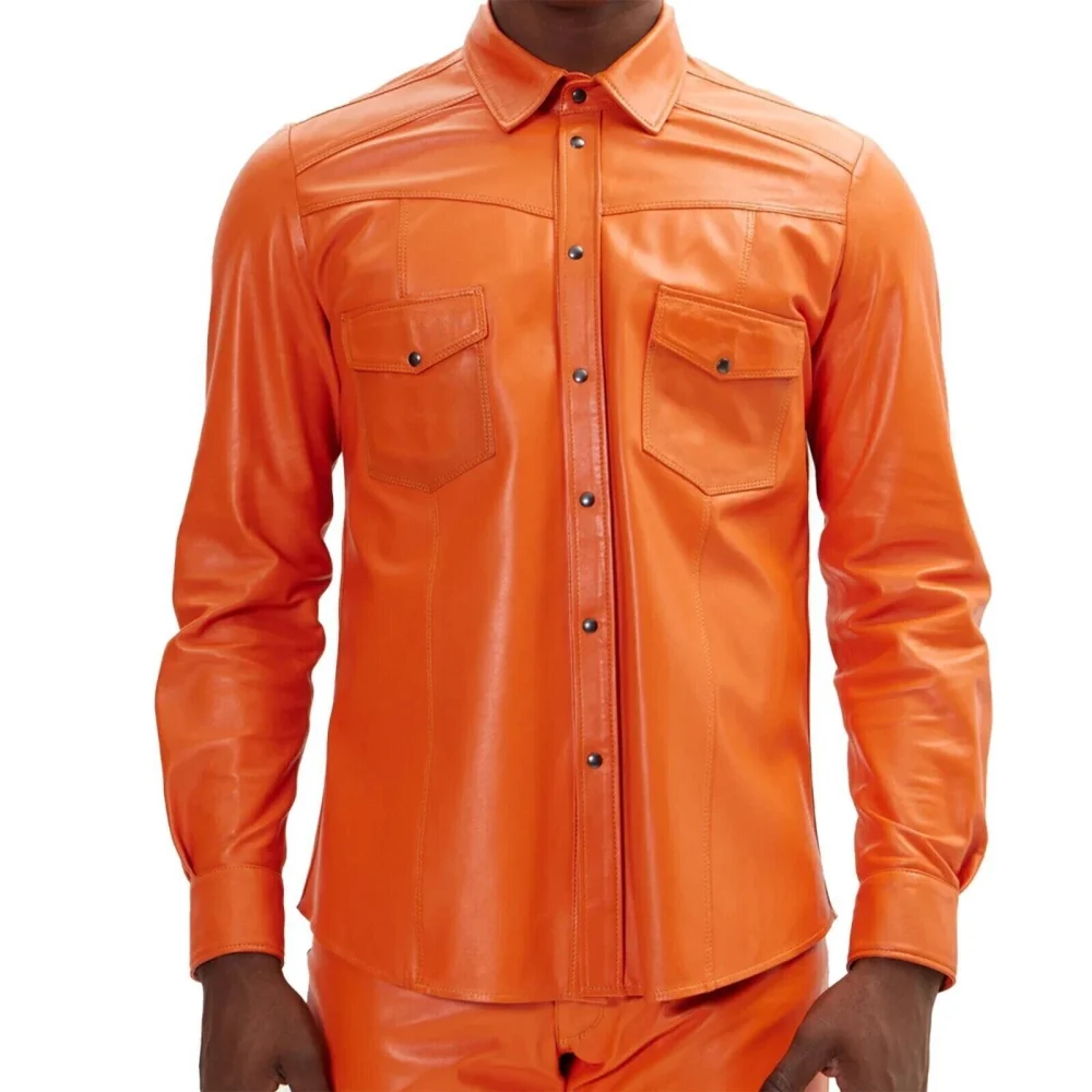 Genuine Lambskin Leather Shirt Orange
