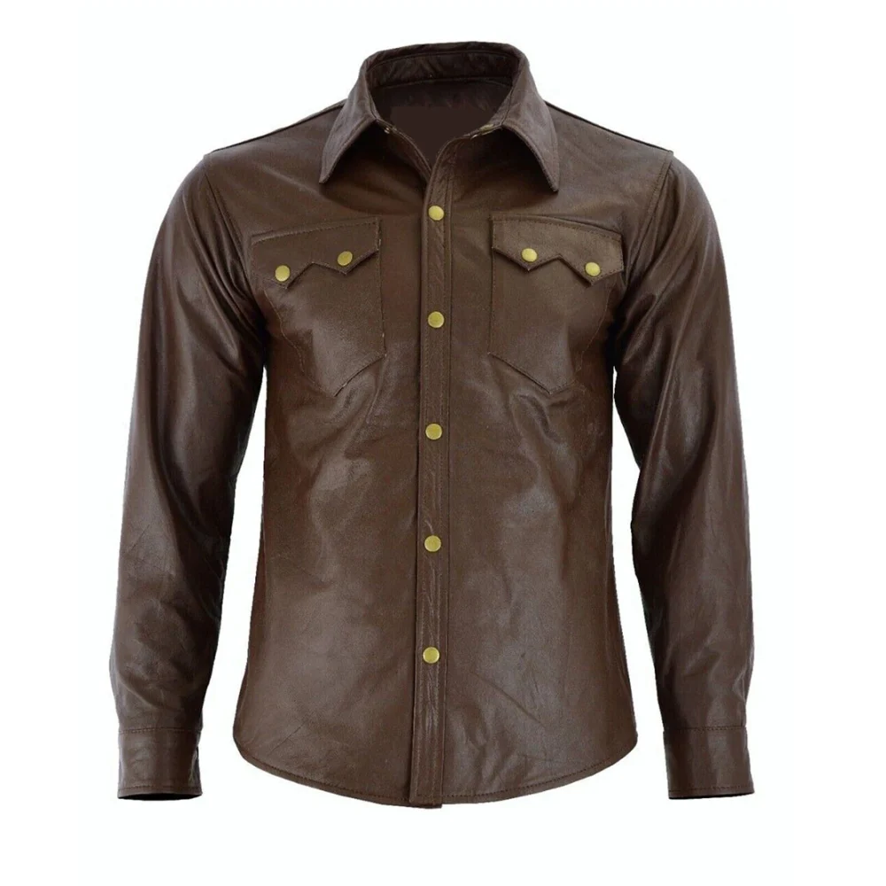 Brown Light Weight Super Soft Pure Lambskin Men’s Leather Shirts Full Sleeve