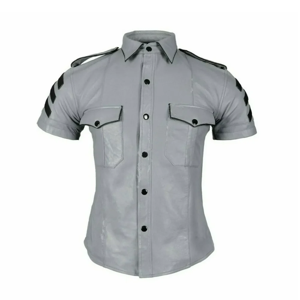 Men Real Lambskin Soft Gray Leather Shirt genuine lambskin leather police style