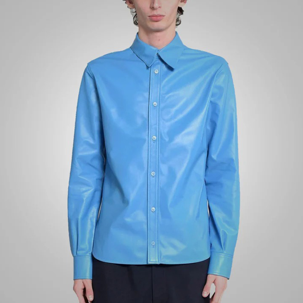 Sky Blue Lambskin Leather Shirt Men