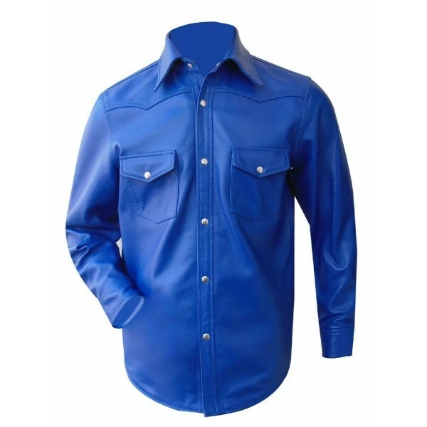 Men’s Blue Real Leather Long Sleeve Shirt
