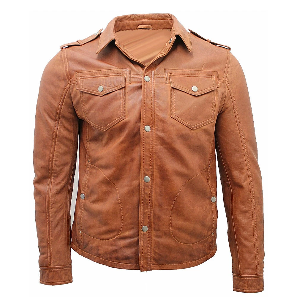 Men’s Tan Vintage Jeans Leather Shirt