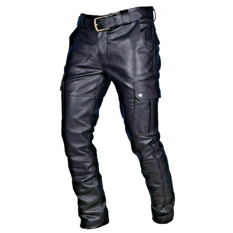 Men’s Real Cowhide Bikers Leather Pants Plain Cargo Pockets Casual Pants