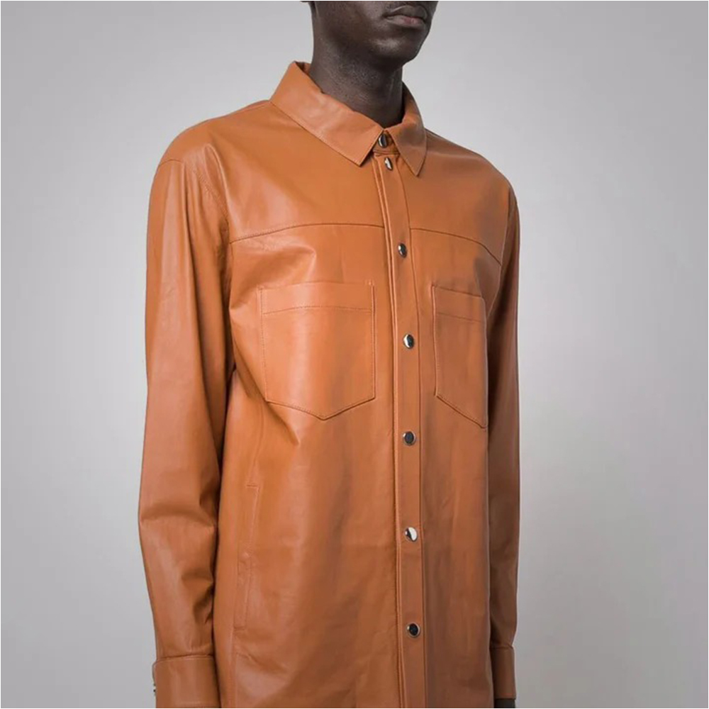Men’s Snap Button Closure Brown Leather Shirt