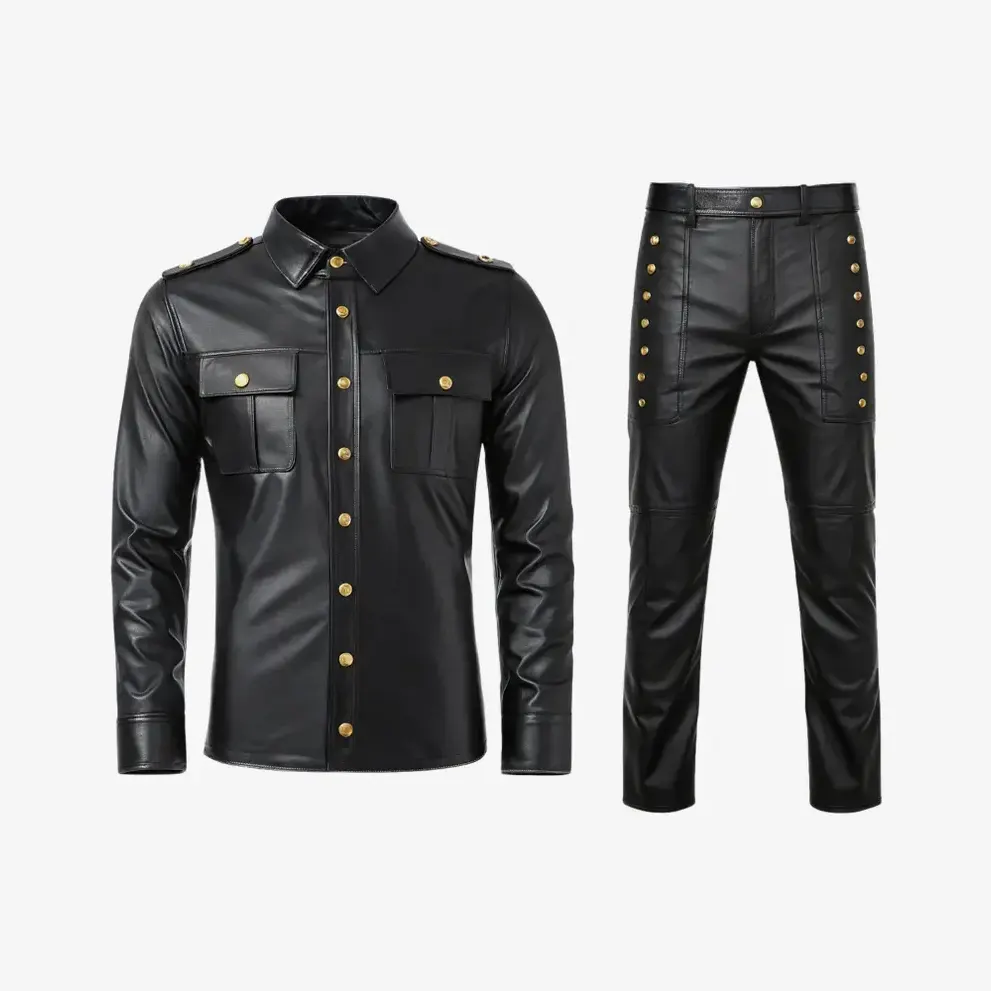 Mens Military Style Genuine Leather Outfit Slim Fit Shirt & Pants