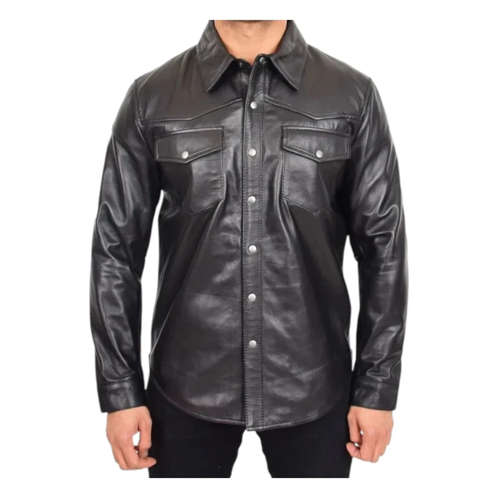 Mens Real Leather Western Shirt Black Authentic American Fashion Trucker Jacket