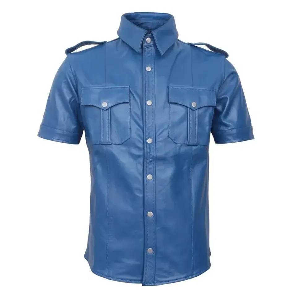 NEW Men Latest Blue Leather Shirt Snap Button