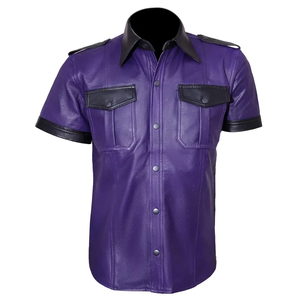 Men’s Real Lamb Leather Shirt Short Sleeve Indigo Color Shirt
