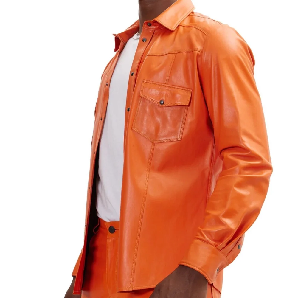 Genuine Lambskin Leather Shirt Orange