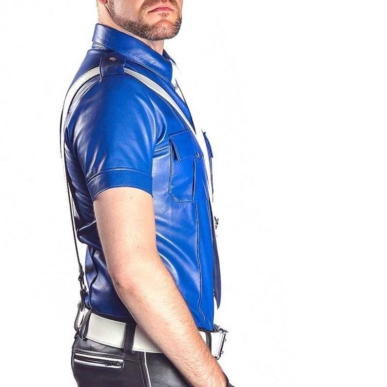 Men’s Genuine 100% Real Lambskin Leather Police Pant Shirt Contrast Blue Black