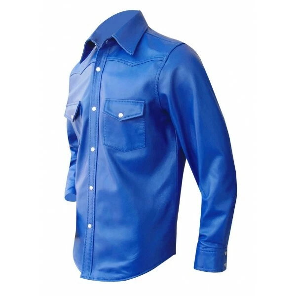Men’s Blue Real Leather Long Sleeve Shirt