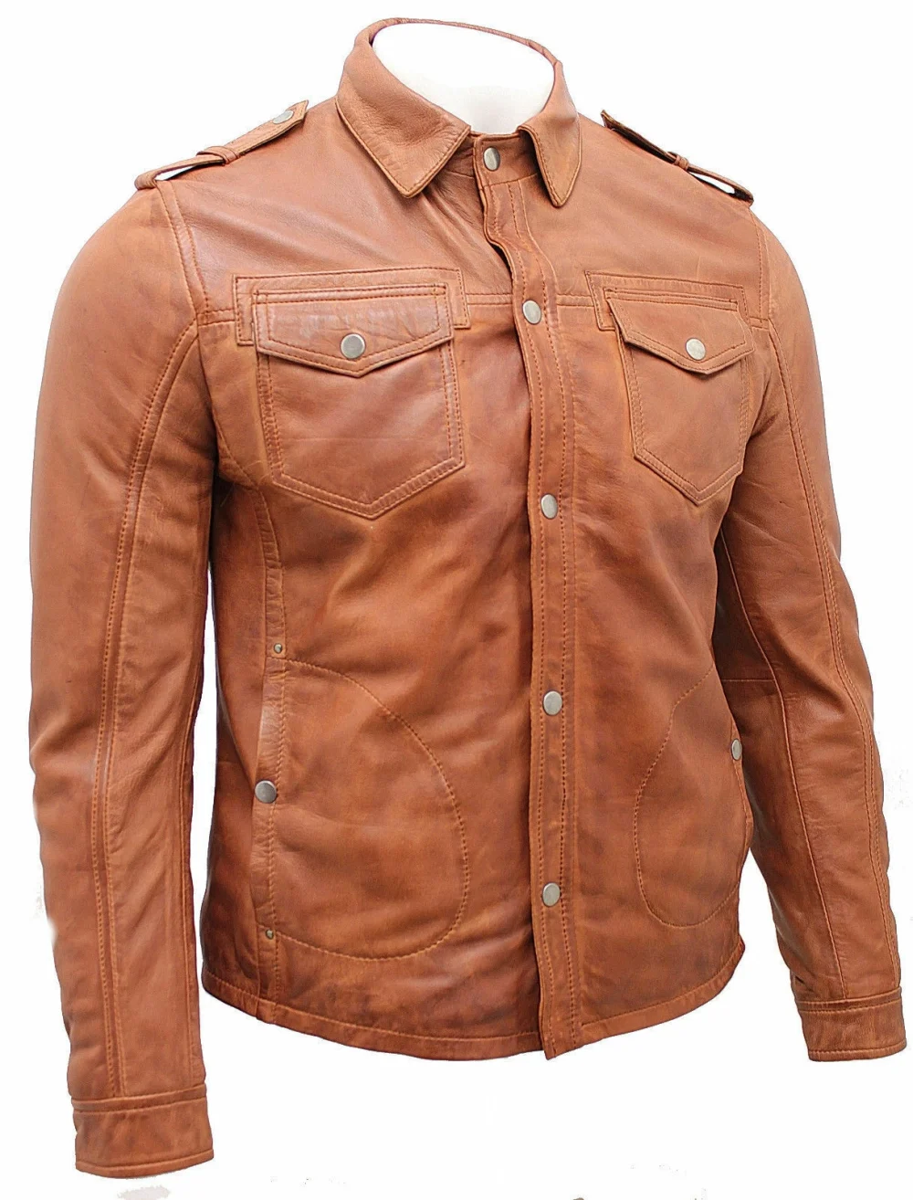 Men’s Tan Vintage Jeans Leather Shirt