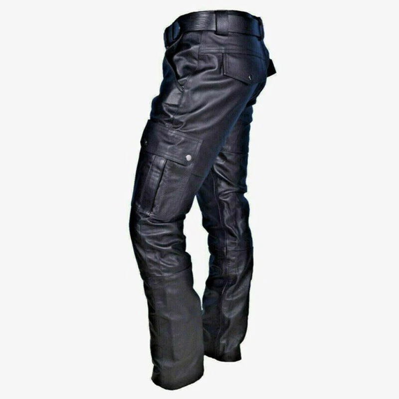 Men's Real Cowhide Bikers Leather Pants Plain Cargo Pockets Casual Pants - Image 3
