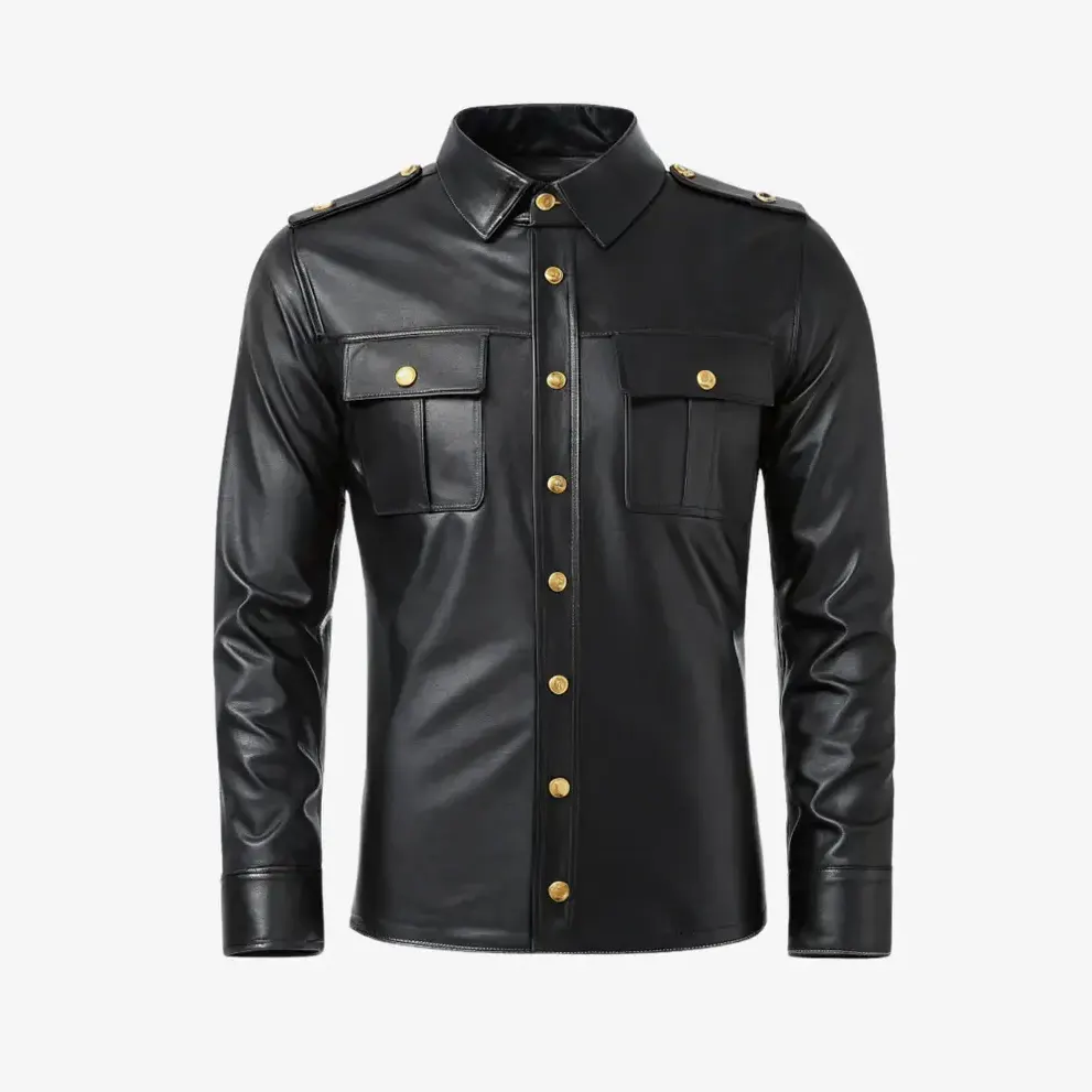 Mens Military Style Genuine Leather Outfit Slim Fit Shirt & Pants