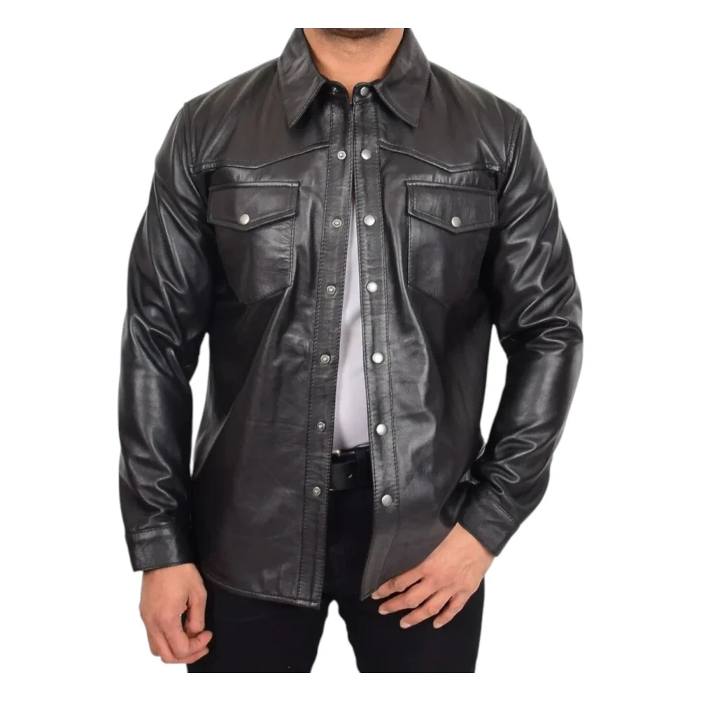 Mens Real Leather Western Shirt Black Authentic American Fashion Trucker Jacket