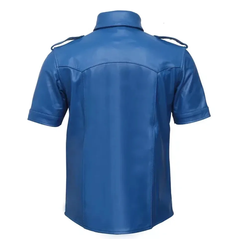 NEW Men Latest Blue Leather Shirt Snap Button