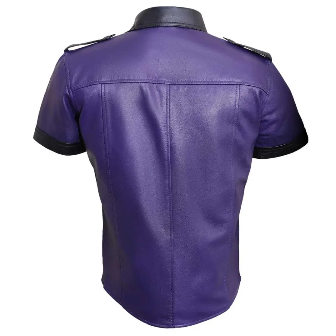 Men's Real Lamb Leather Shirt Short Sleeve Indigo Color Shirt - Image 2