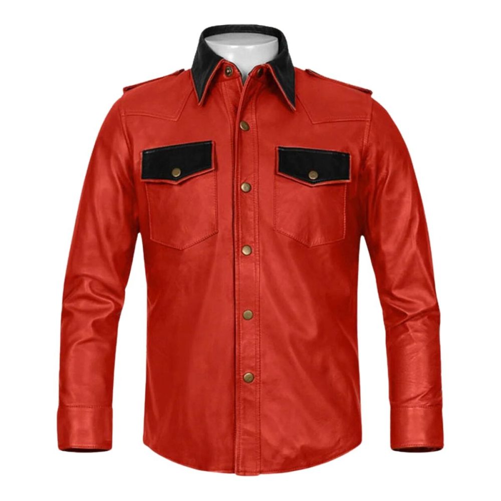 Men’s Red Leather Genuine Lambskin Shirt With Black Trims Pockets Causal Shirt