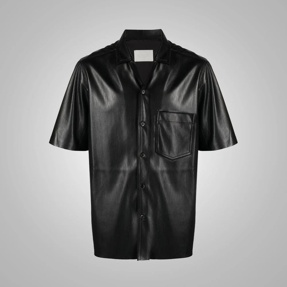 Men’s Fine Grain Half Sleeves Black Leather Shirt