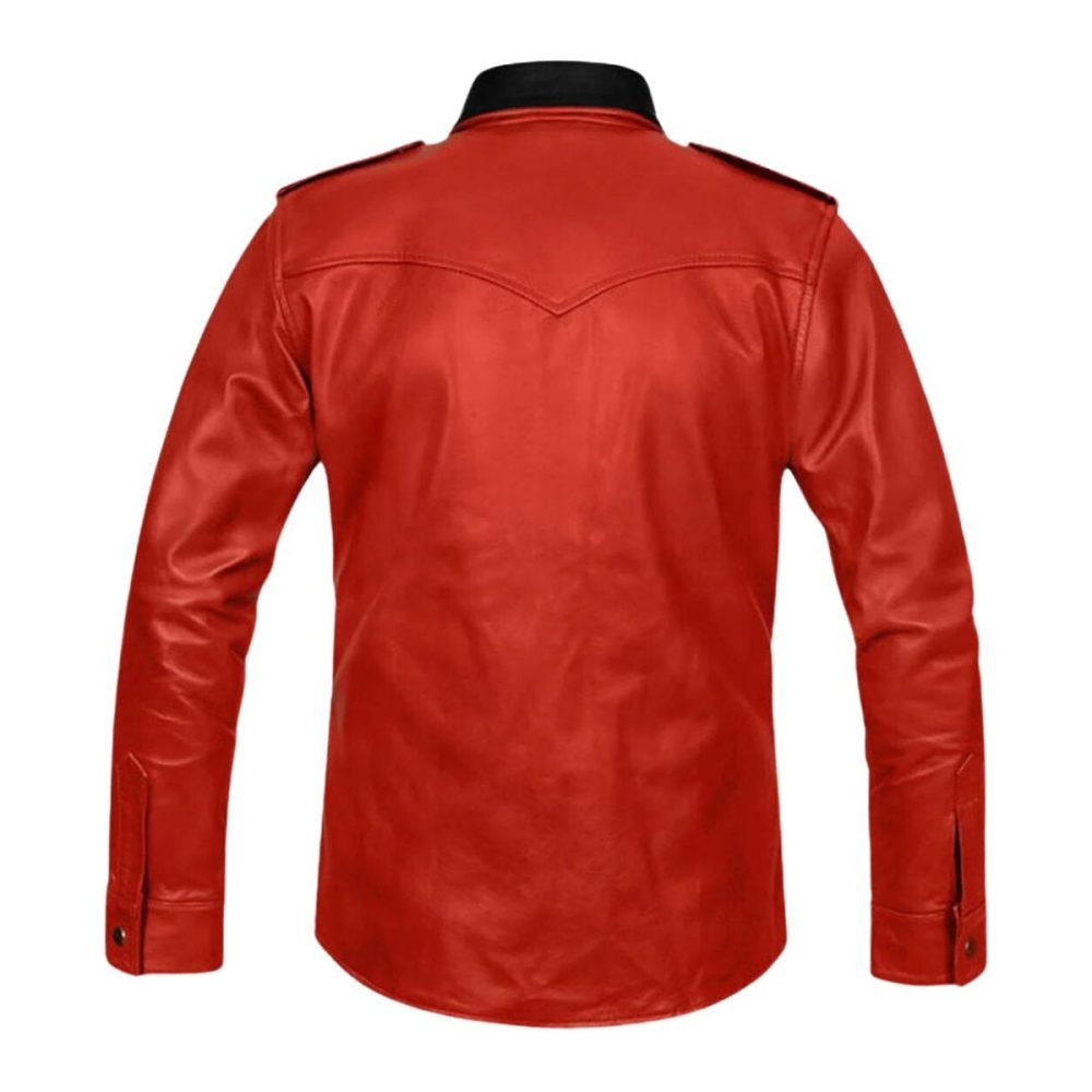 Men’s Red Leather Genuine Lambskin Shirt With Black Trims Pockets Causal Shirt