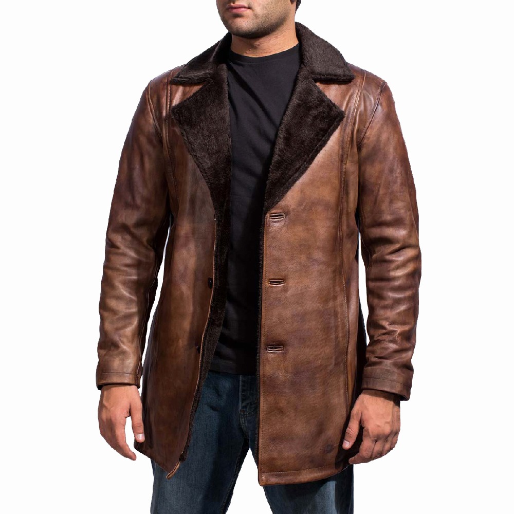 Classic Brown Leather Coat with Faux Fur Collar