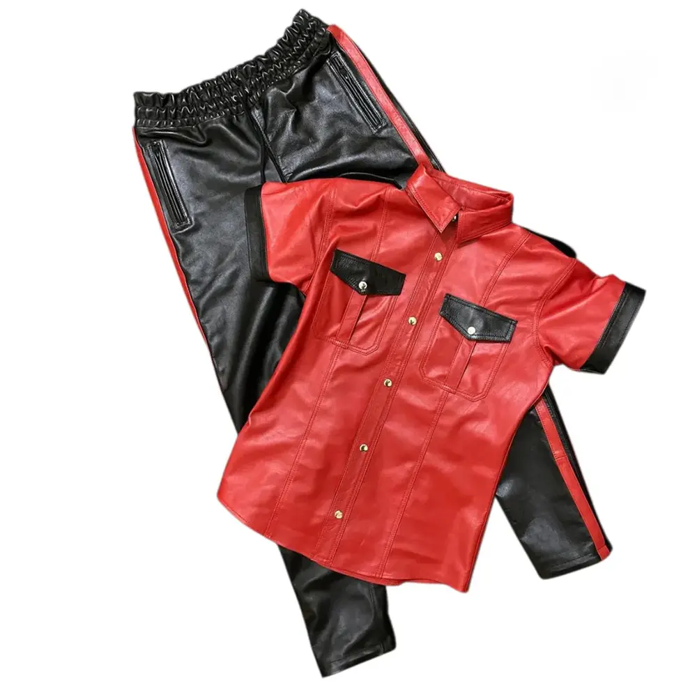 Crimson Vanguard Leather Outfit Red Command Shirt & Black Stripe Leather Pants