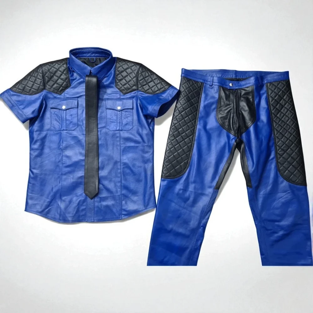 Quilted Patrol Style Blue Leather Uniform Set