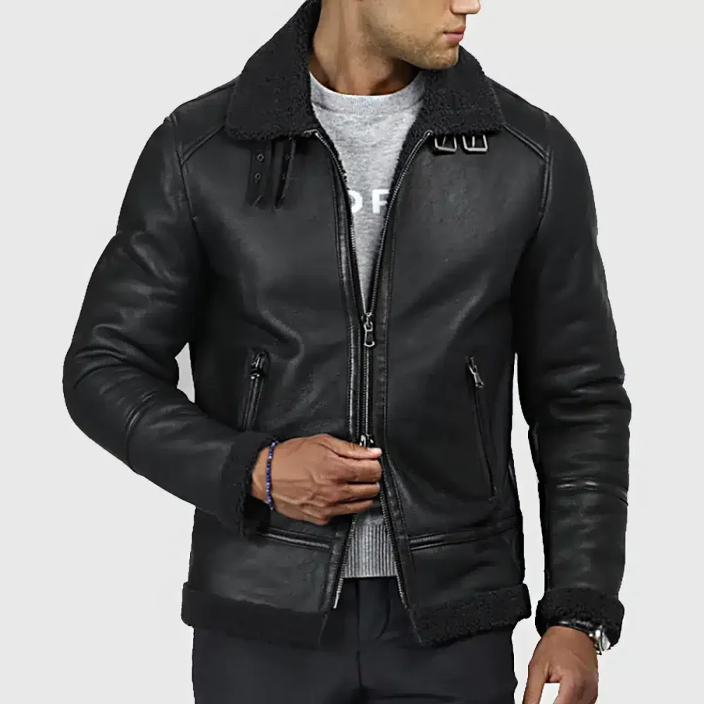 Classic Black Faux Leather Bomber Jacket with Fur Collar