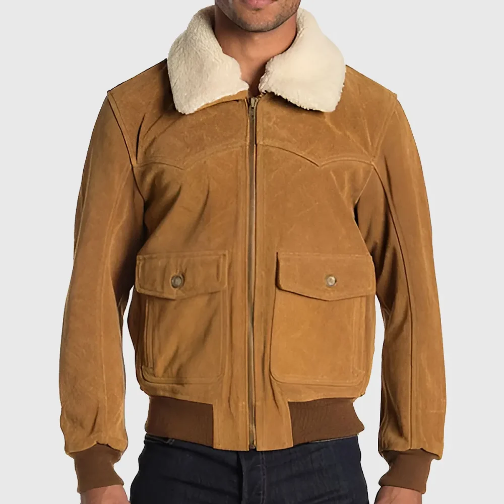 Western Yoke Suede Bomber Jacket with Fur Collar