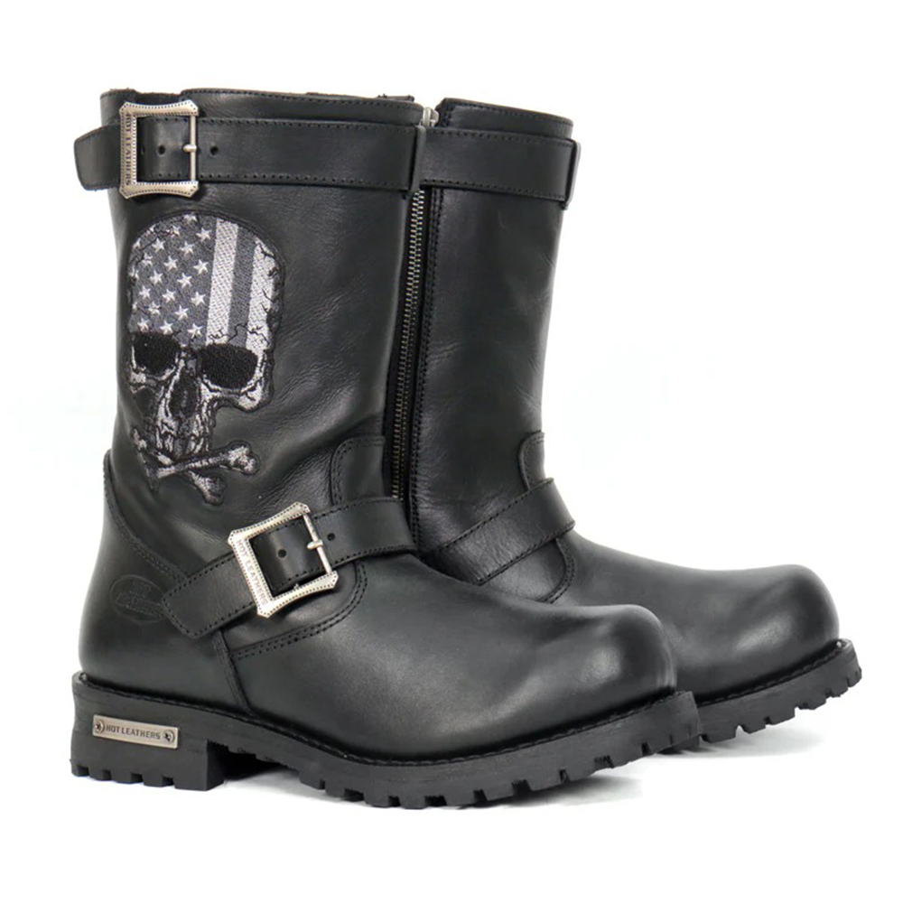 Black Leather Biker Boots with US Flag Skull Patch