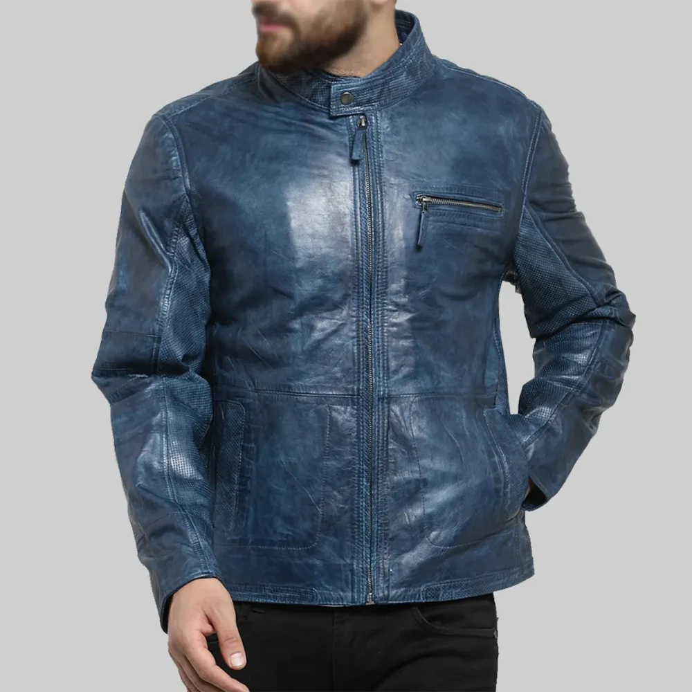 Textured Blue Biker Jacket with Stand Collar