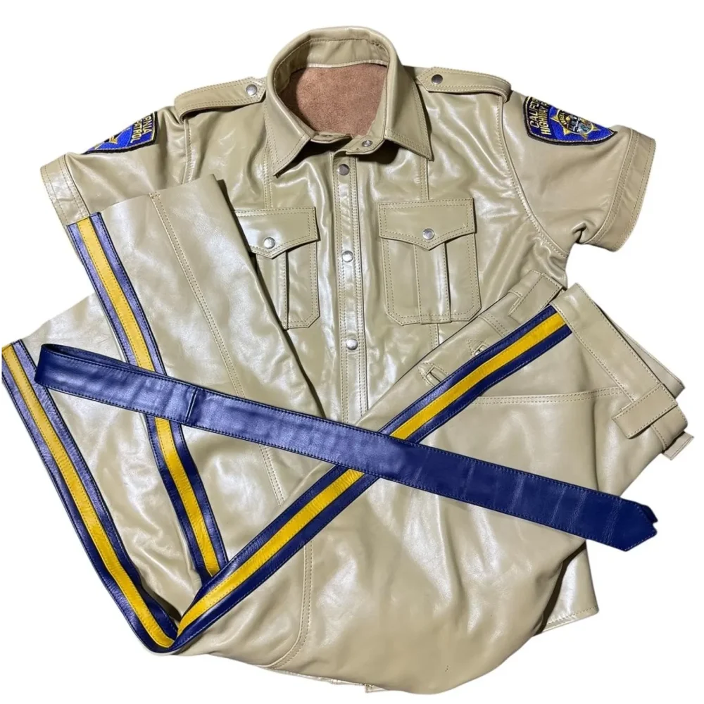 Sahara Command Leather Uniform Set Tan Short Sleeve Shirt & Matching Stripe Pants