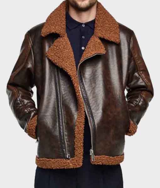 Men’s Brown Biker Style Shearling Lined Jacket