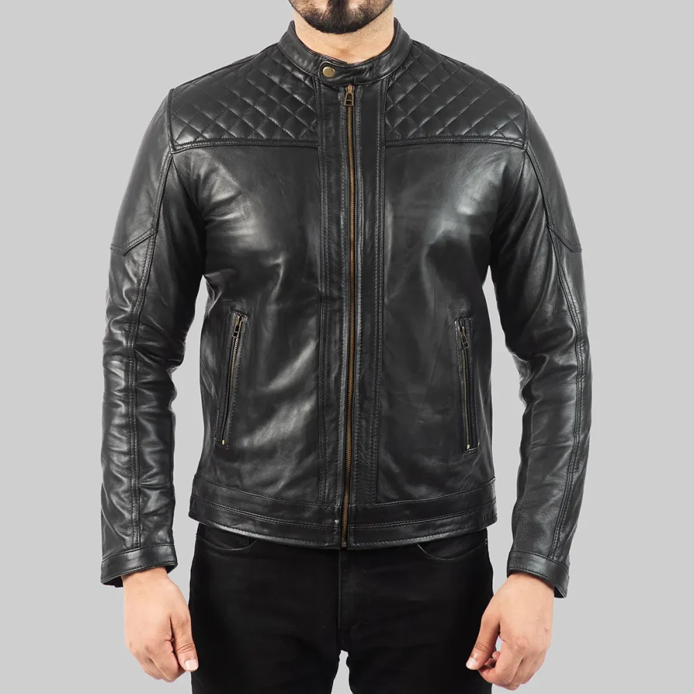 Black Diamond Quilted Biker Jacket with Stand Collar