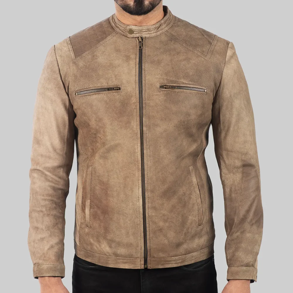 Tan Suede Biker Jacket with Quilted Shoulder