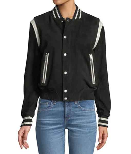 Women’s Black Varsity Bomber Jacket with Contrast Stripes