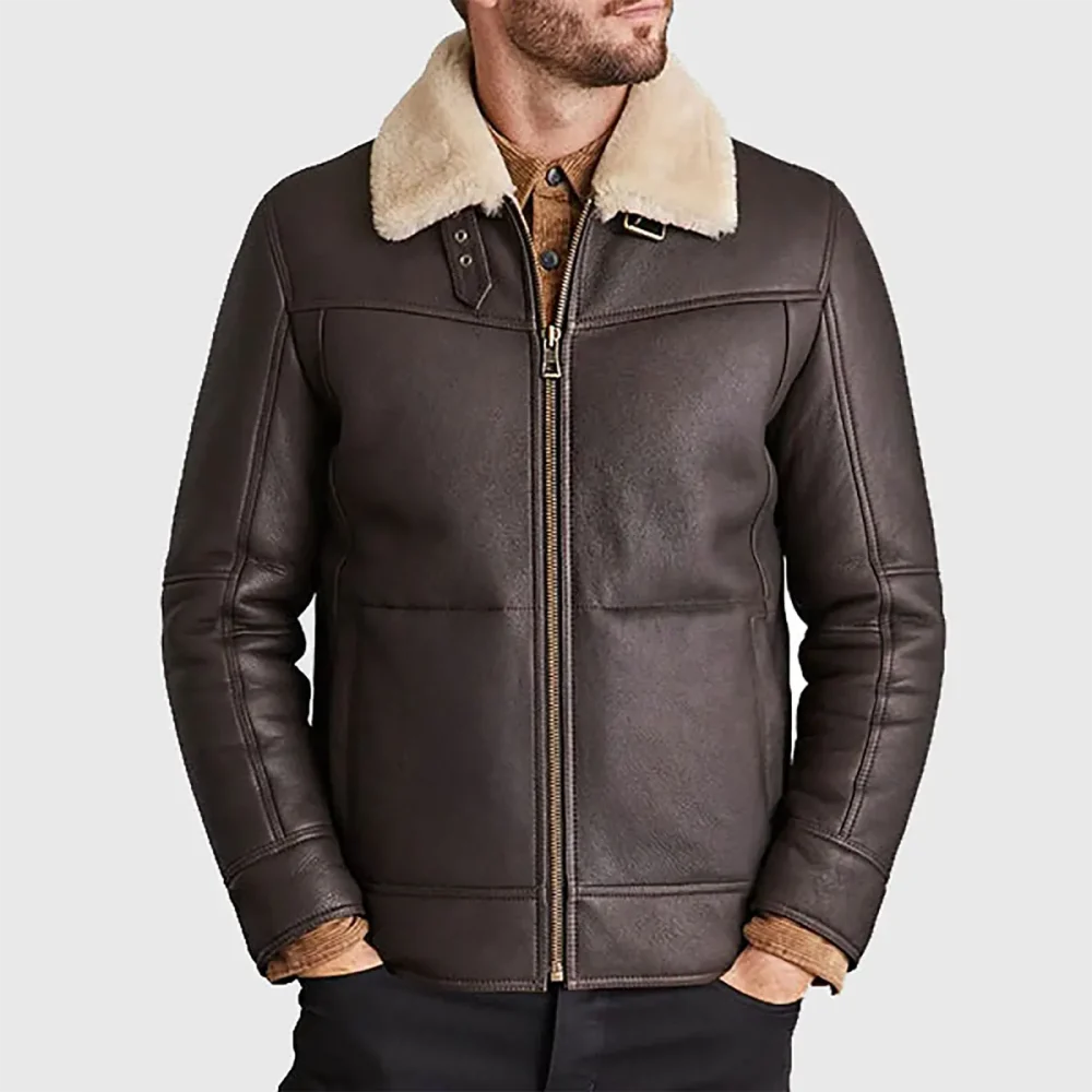Men’s Dark Brown Leather B3 Jacket with Cream Shearling Collar