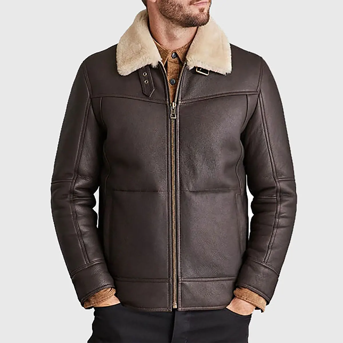 Men's Dark Brown Leather B3 Jacket with Cream Shearling Collar