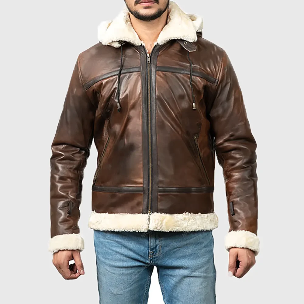Men’s Hooded Brown Leather B3 Shearling Jacket
