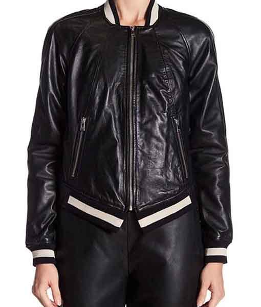 Women’s Black Leather Varsity Bomber Jacket