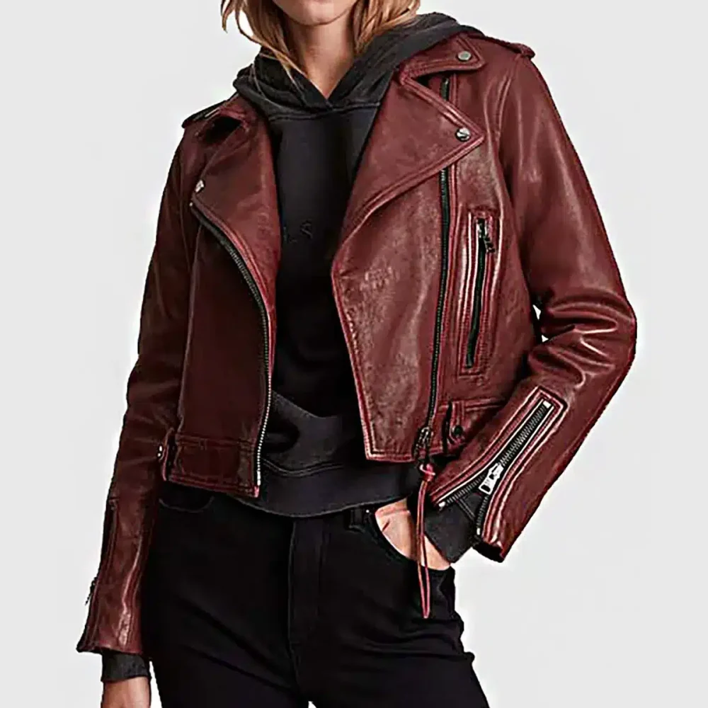 Women’s Cropped Burgundy Leather Biker Jacket