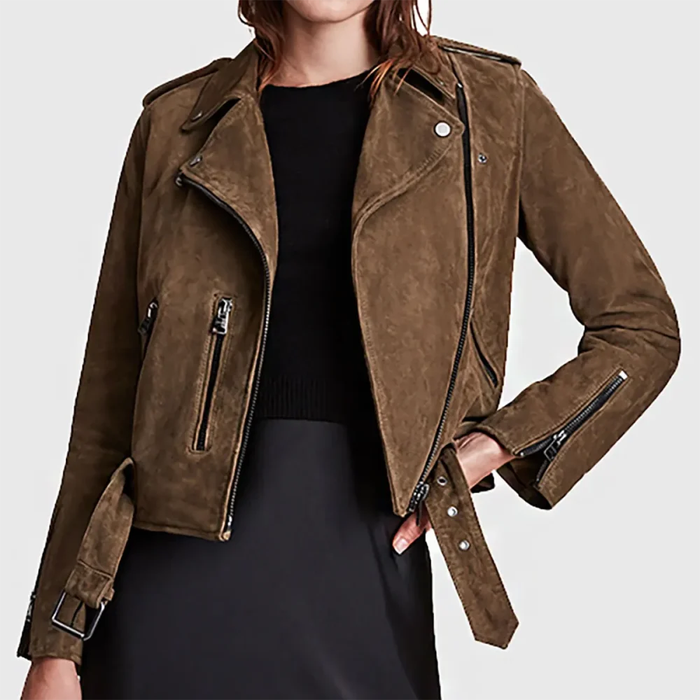 Women’s Cropped Olive Suede Biker Jacket