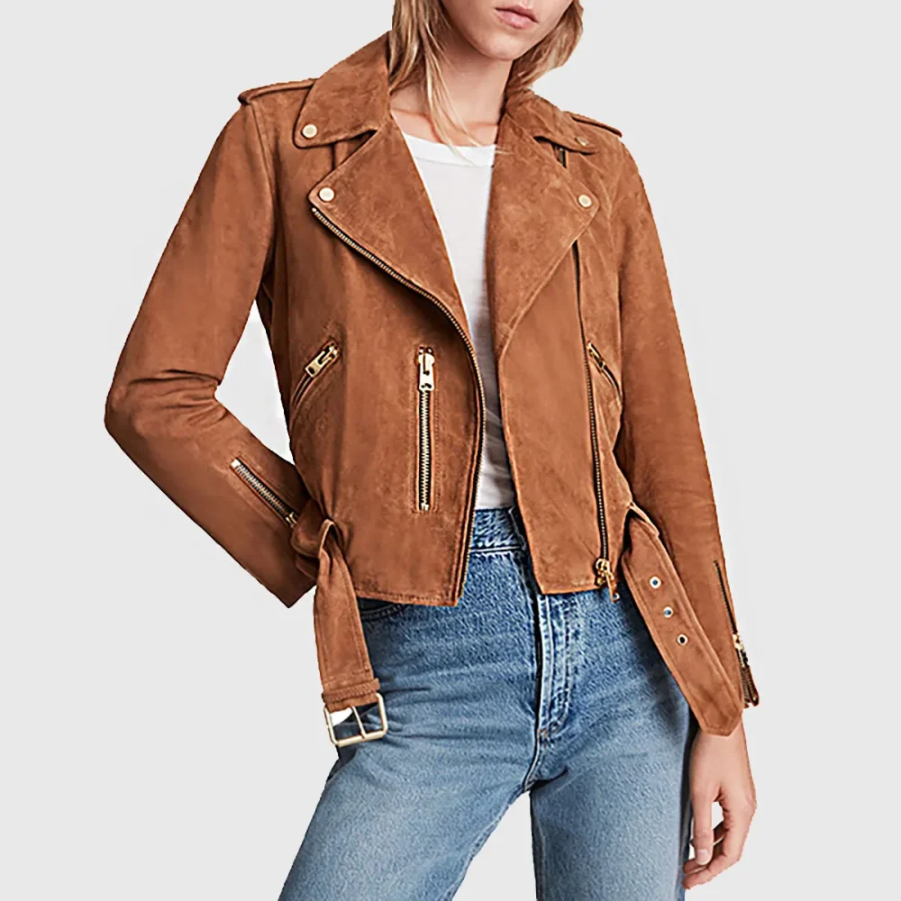 Women’s Tan Suede Cropped Biker Jacket