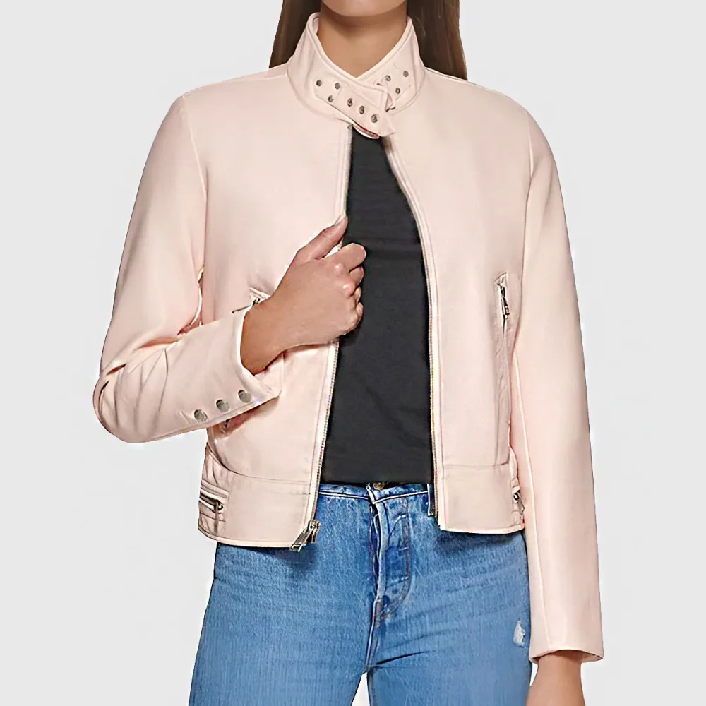 Pink Biker Jacket with Stand Collar