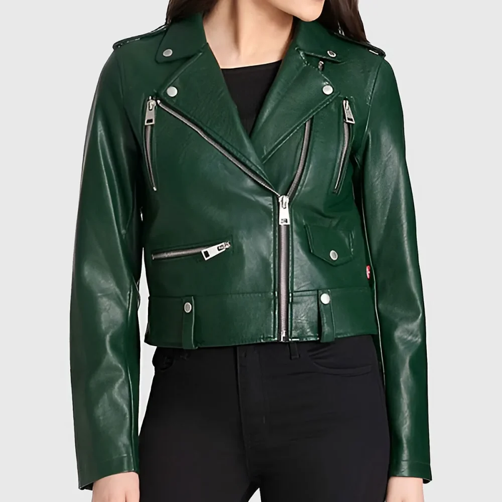 Women’s Green Leather Cropped Biker Jacket