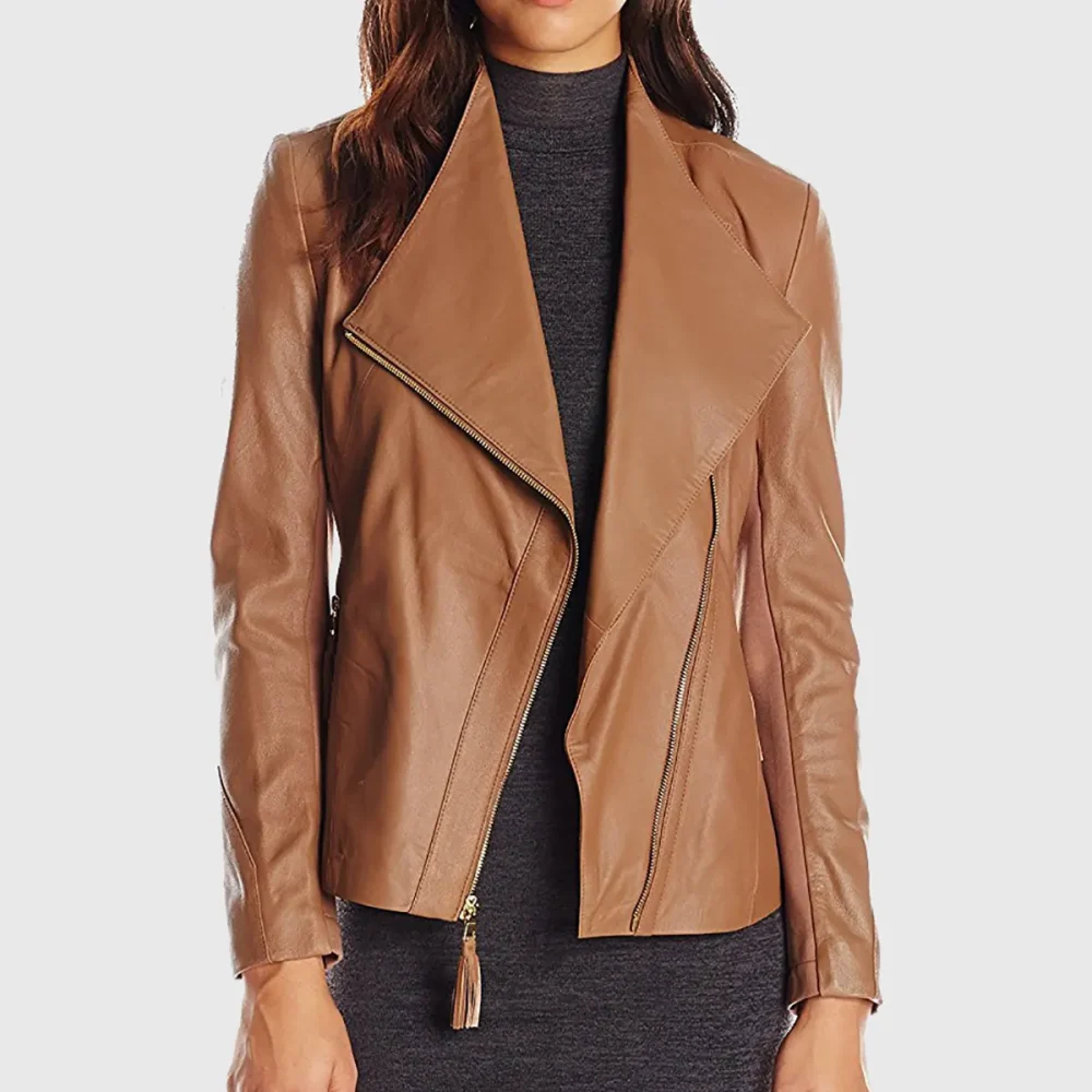 Ladies’ Fashion Biker Jacket with Oversized Lapel