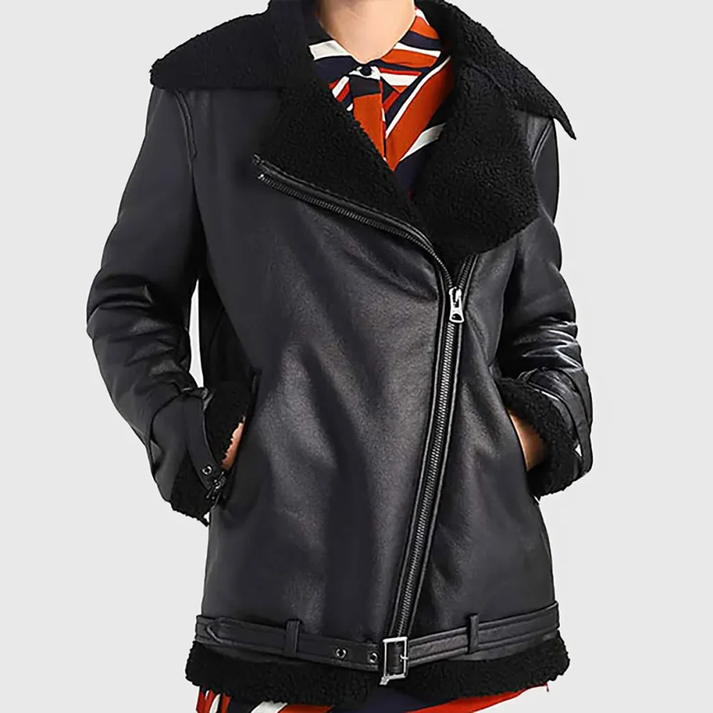 Black Asymmetrical Shearling Bomber Jacket