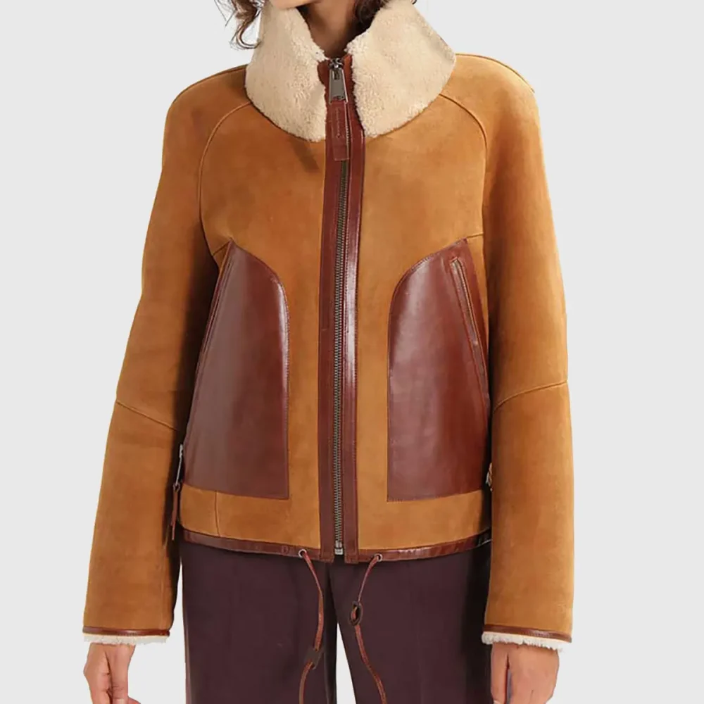 Contrast Panel Shearling Bomber Jacket